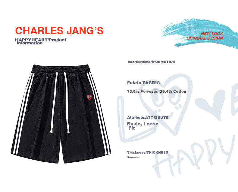 Charles Peach Heart Men's Casual Shorts Summer Classic Striped Loose Drawstring Five-Point Sports Beach Pants Black L 5