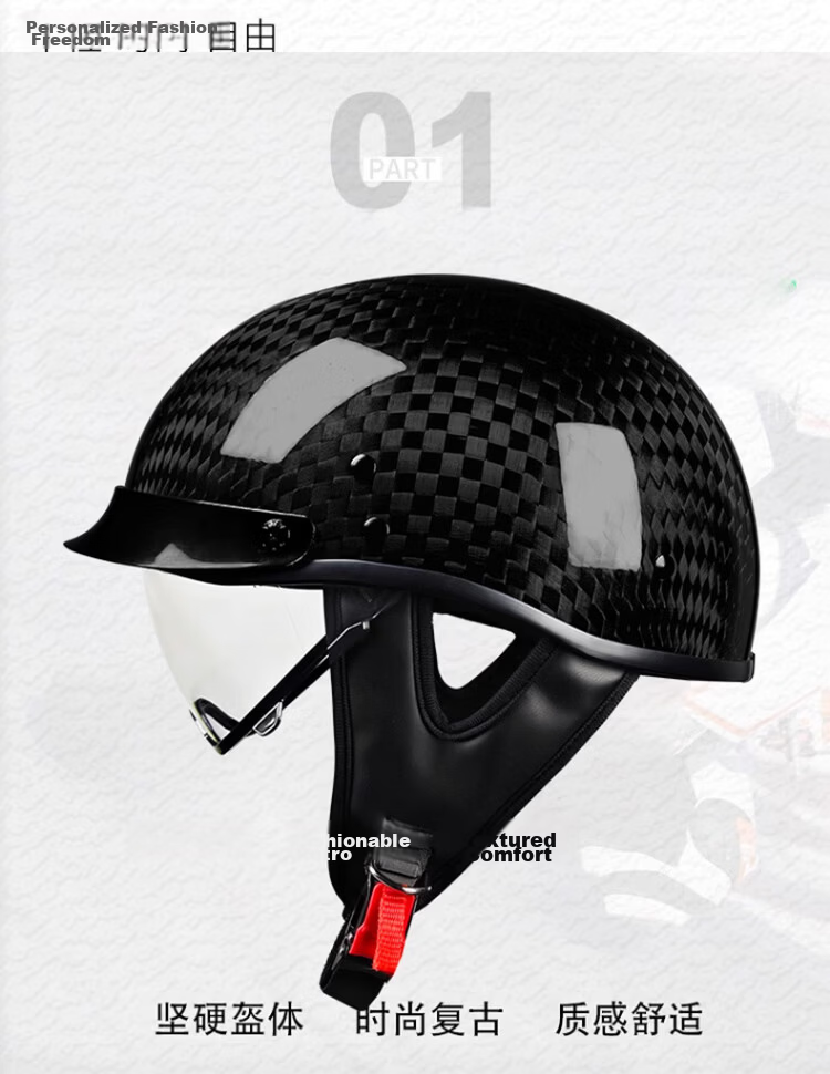 V True Carbon Fiber Helmet Unisex Cruiser Motorcycle Half Helmet Summer Ultra-Light Riding Motorbike Retro Helmet 3C Certified [12K Matte Black] [XXL Size] 1