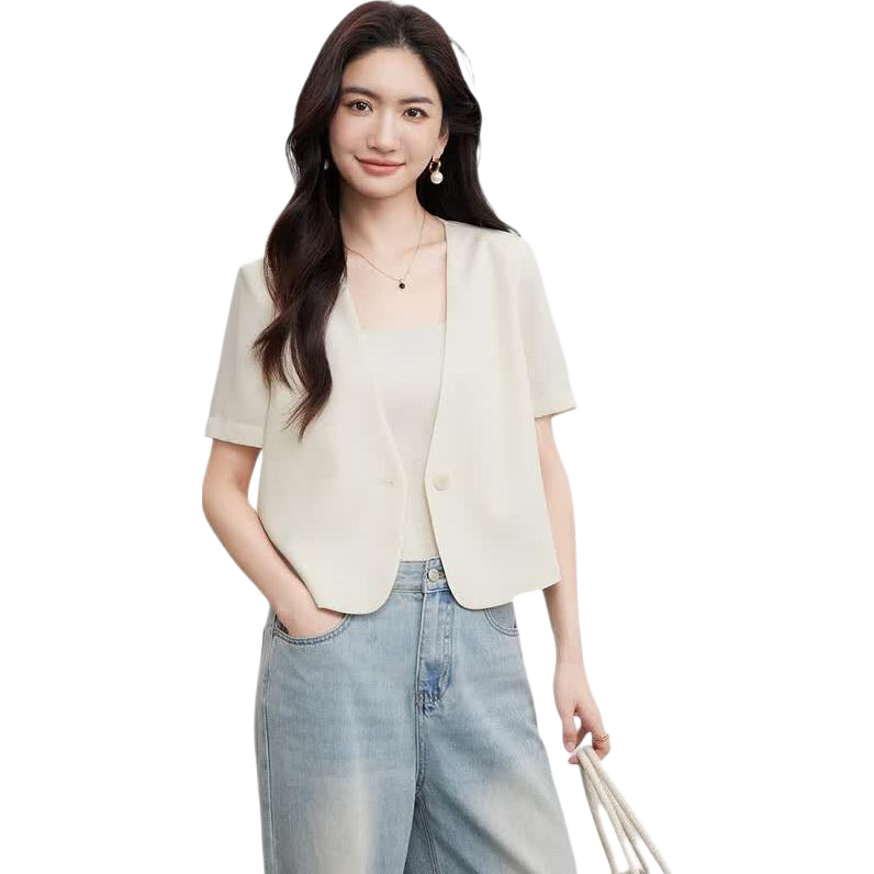 Sentubila Women's Summer Cool Feeling Sun Protection High-End Padded Shoulder Short Blazer Jacket Apricot M