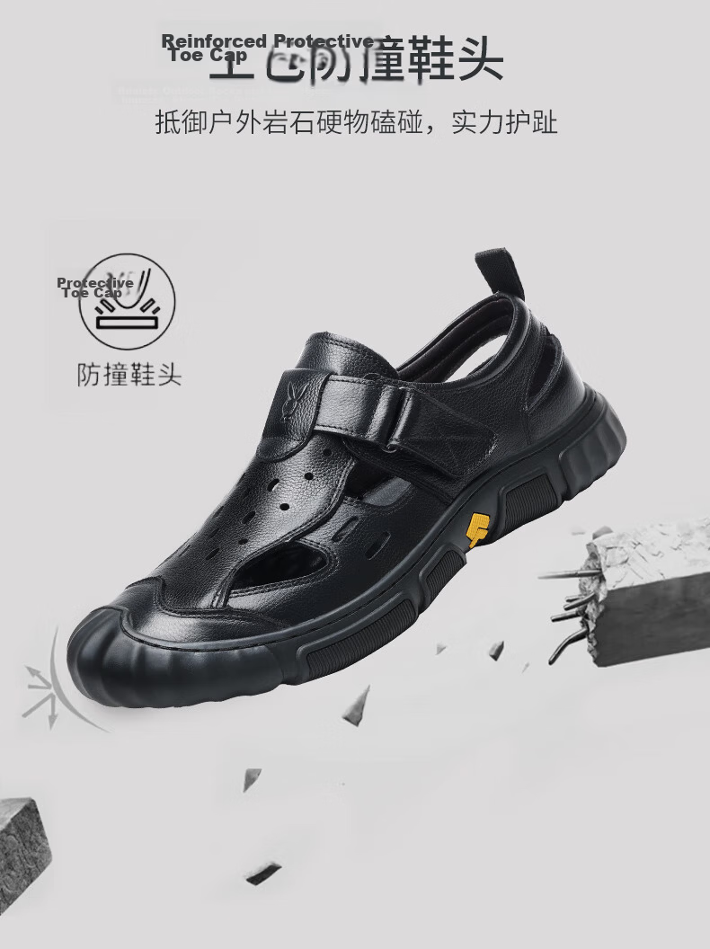 Playboy Men's First Layer Cowhide Hollowed Out Sandals Open Toe Genuine Leather Business Middle-aged and Elderly Dad Sandals Black Size 42 4