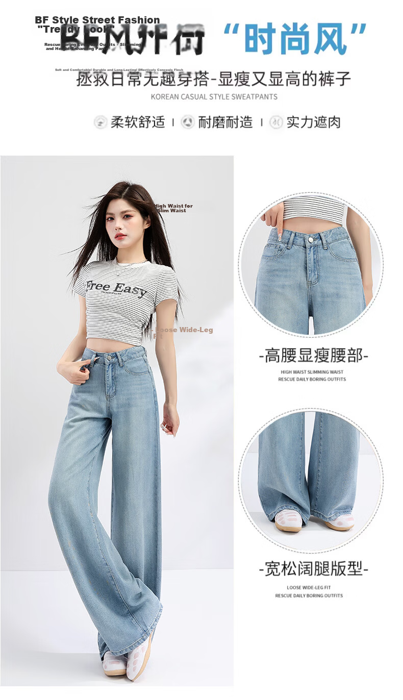 Jeanswest Women's Summer Soft Tencel High-Waist Draped Lyocell Wide-Leg Straight-Leg Retro Blue Tencel Lyocell Pants L 3