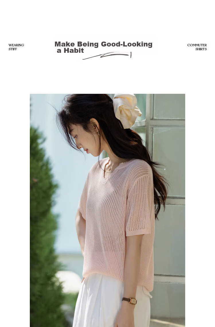 Demana [Breathable Tencel] Summer Elegant V-Neck Hollow Jacquard Slim Fit Short Sleeve Knit Top for Women Premium 10