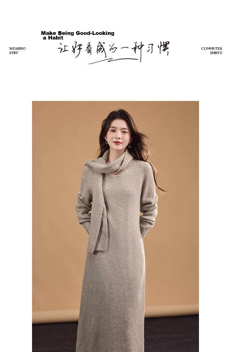 Demana Removable Scarf Winter Elegant Light V-Neck Wool Blend Straight Knit Mid-Length Dress for Women 13