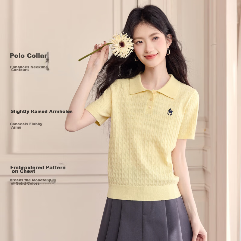 Sllsky College Style Polo Collar Cable Knit Short Sleeve Sweater Women Spring Summer New Wool Embroidered Top