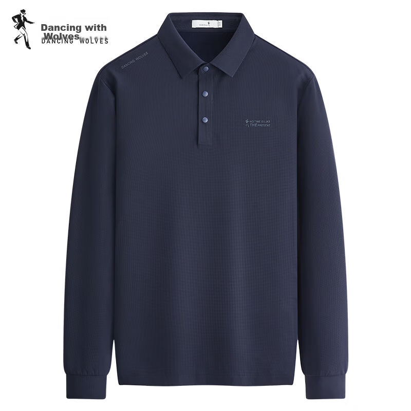 Dancing with Wolves [High Elasticity Nylon] Commuter Versatile Brushed Stretch Light Business Men's Long Sleeve Polo Shirt 102 Dark Blue L