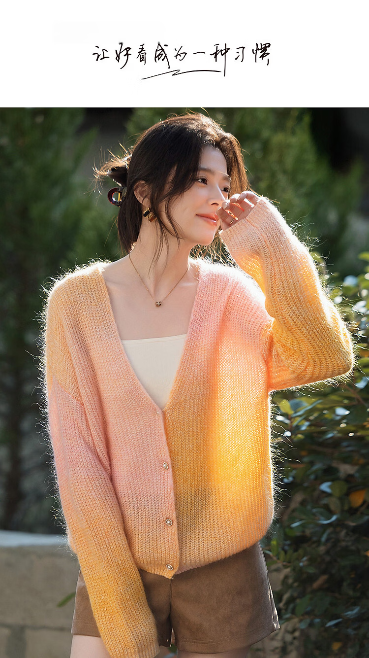 Demana Spring Irregular Gradient V-Neck Slim Knit Cardigan with Wool and Mohair for Petite Women 1