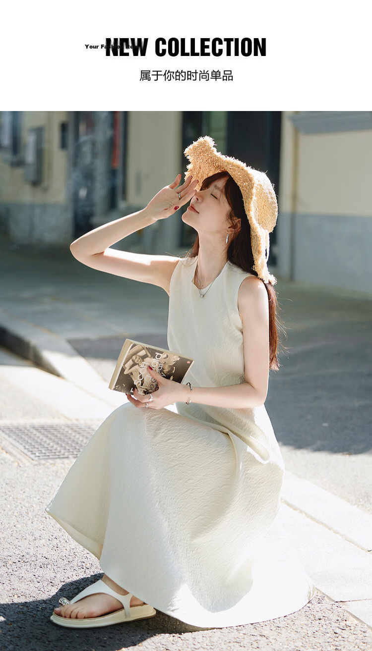 Mt "First Love White Moonlight" Summer French Luxury Textured Round Neck Sleeveless Waist-Cinched A-Line White Dress for Women 1