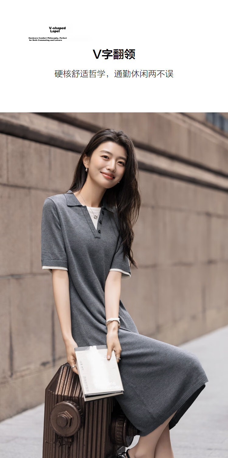 Demana [Mulberry Silk and Wool Blend] Spring Smart V-Neck Color-Block Short Sleeve Slim Loose Dress for Women 7