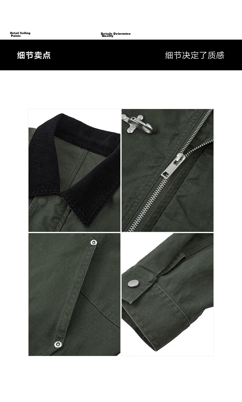 Gxgjeans Men's American Vintage Airplane Buckle Workwear Collar Jacket Coat 26 Spring New Dark Green 180/XL 15