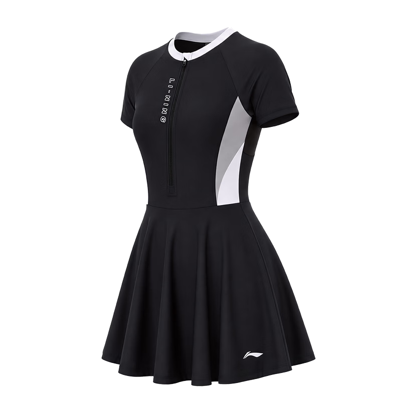 LI-NING Women's Premium 2026 New One-Piece Skirted Swimsuit Slimming Swimwear 1412 Black M