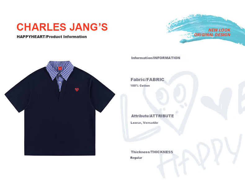 Charles Peach Heart Summer Premium Striped Collar Small Heart Couple Casual Short Sleeve Polo Shirt Navy XL 7
