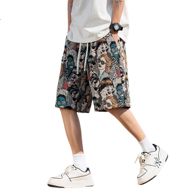 SWAMP AREA American-Style Embroidered Lightweight Casual Cool Shorts for Men, Summer Thin Contrasting Color Five-Point Pants D203 Embroidered Human L