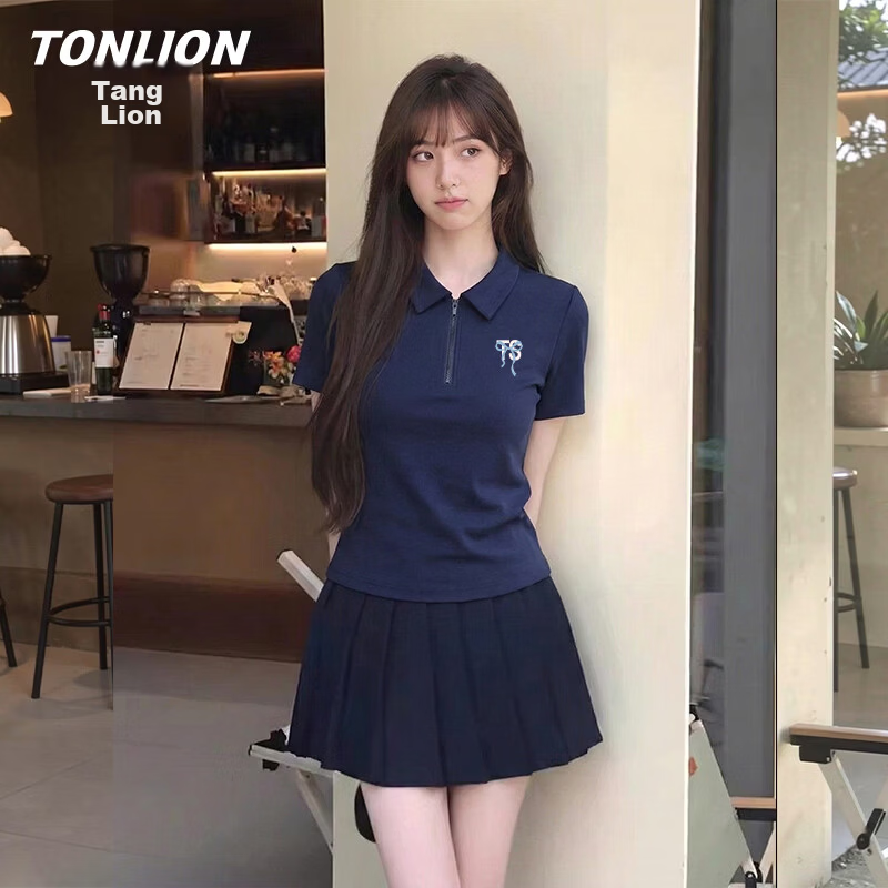 TonLion Women's Short Sleeve Polo T-Shirt Summer New Trendy Pleated Design Slim Fit Skin-Friendly Top
