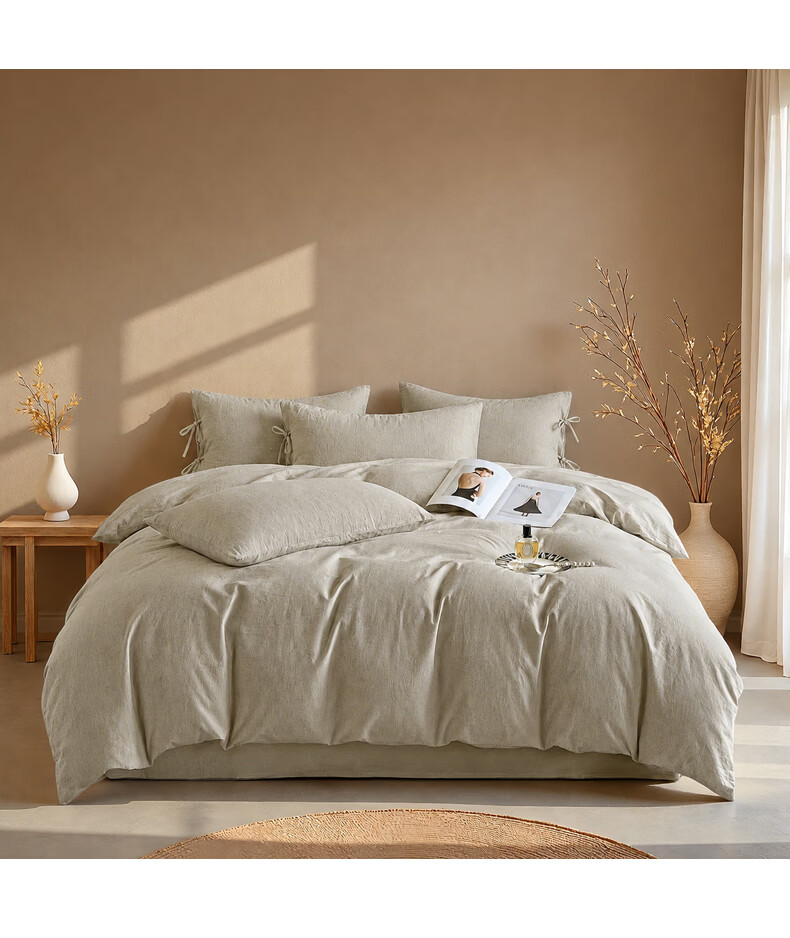 MUJI Linen Four-Piece Set Wabi-Sabi Style Luxury Bedding 1.5/1.8m Bed Duvet Cover 200x230cm Cotton Linen Sheet Tied Four-Piece Set 14