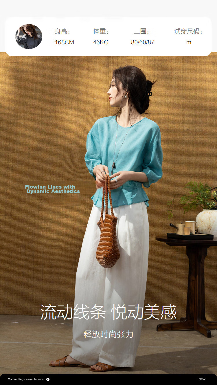 Demana [Ramie Lyocell Blend] Summer Elegant Round Neck Tie Loose Slimming Concealing Shirt for Women High-End Feel 12