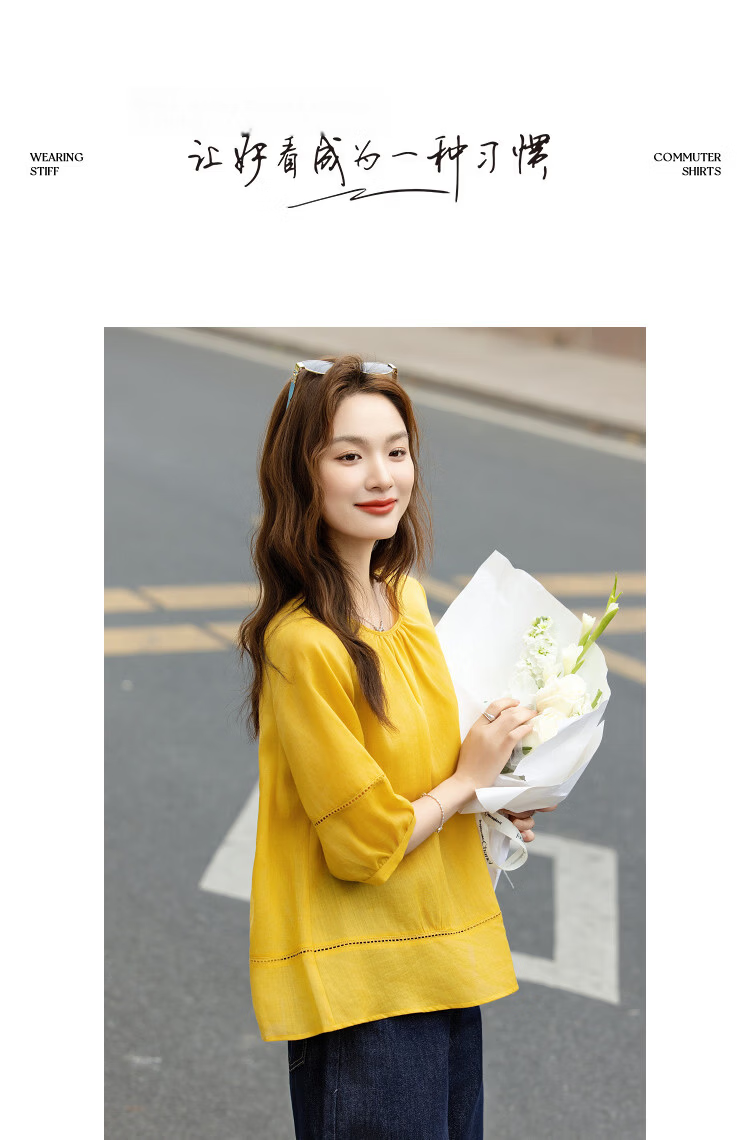 Demana [Ramie Lyocell Blend] Summer Round Neck Hollow Out Small Lace Loose Slimming Concealing Shirt for Women Premium Feel 10