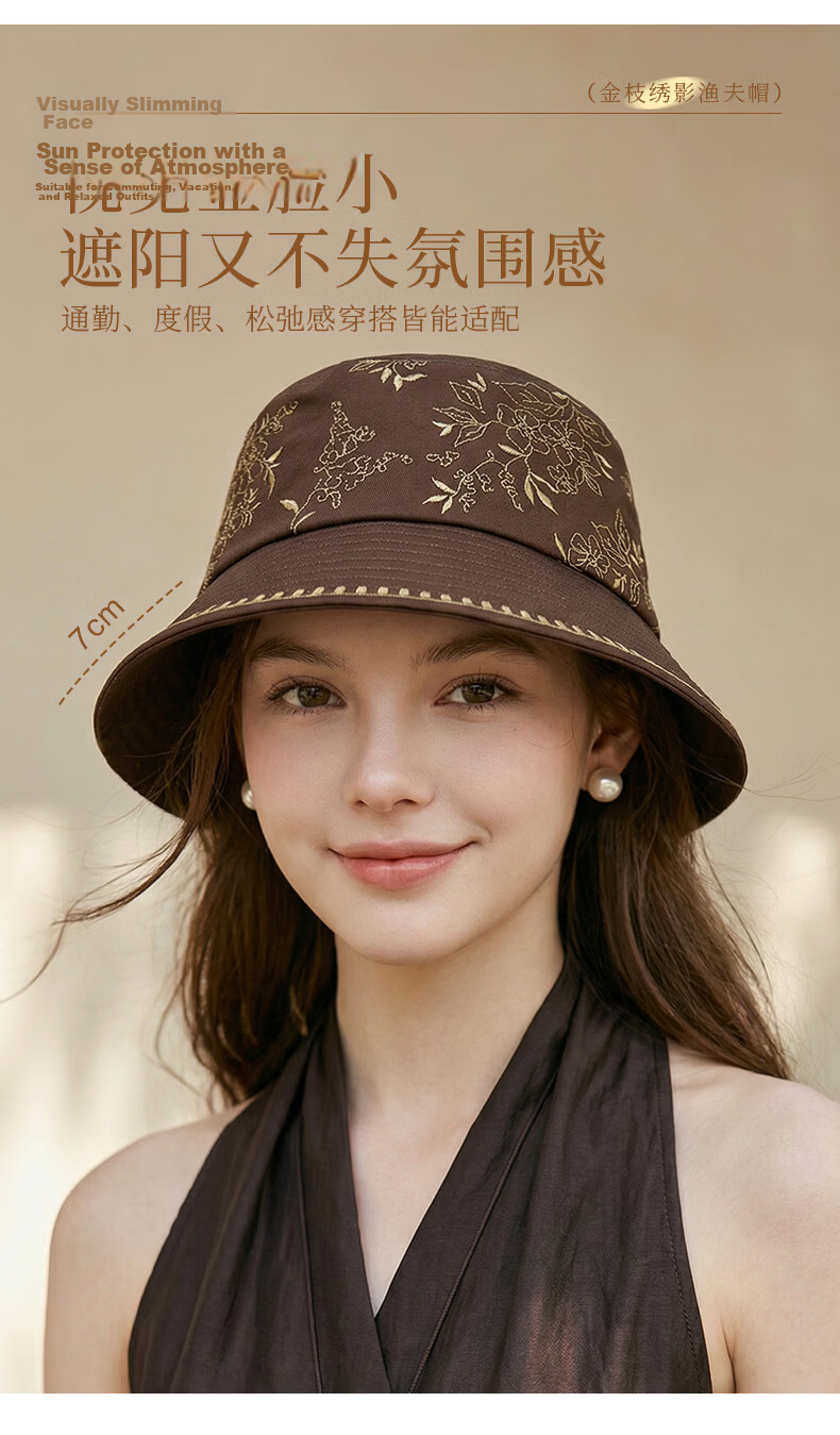 CACUSS Women's Fisherman Hat Spring Summer Pure Cotton Face-Slimming Sunshade Outdoor Casual Bucket Hat National Style Embroidery Ink Jade Black 3