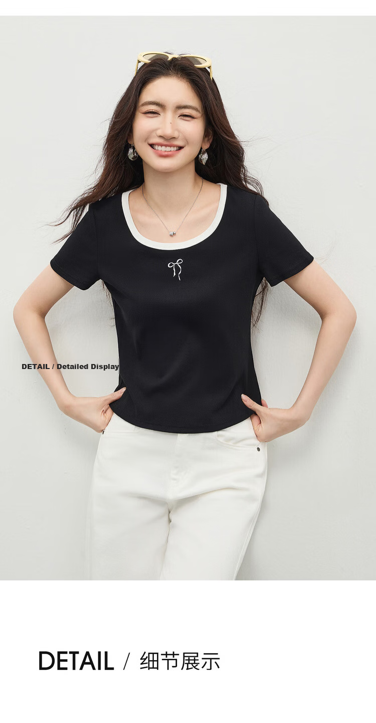 Shangdu Bila Colorblock U-Neck Cotton Blend T-Shirt Women Spring Bow Embroidery Stretch Knit Top Gentle Youthful Temperament Layering 17