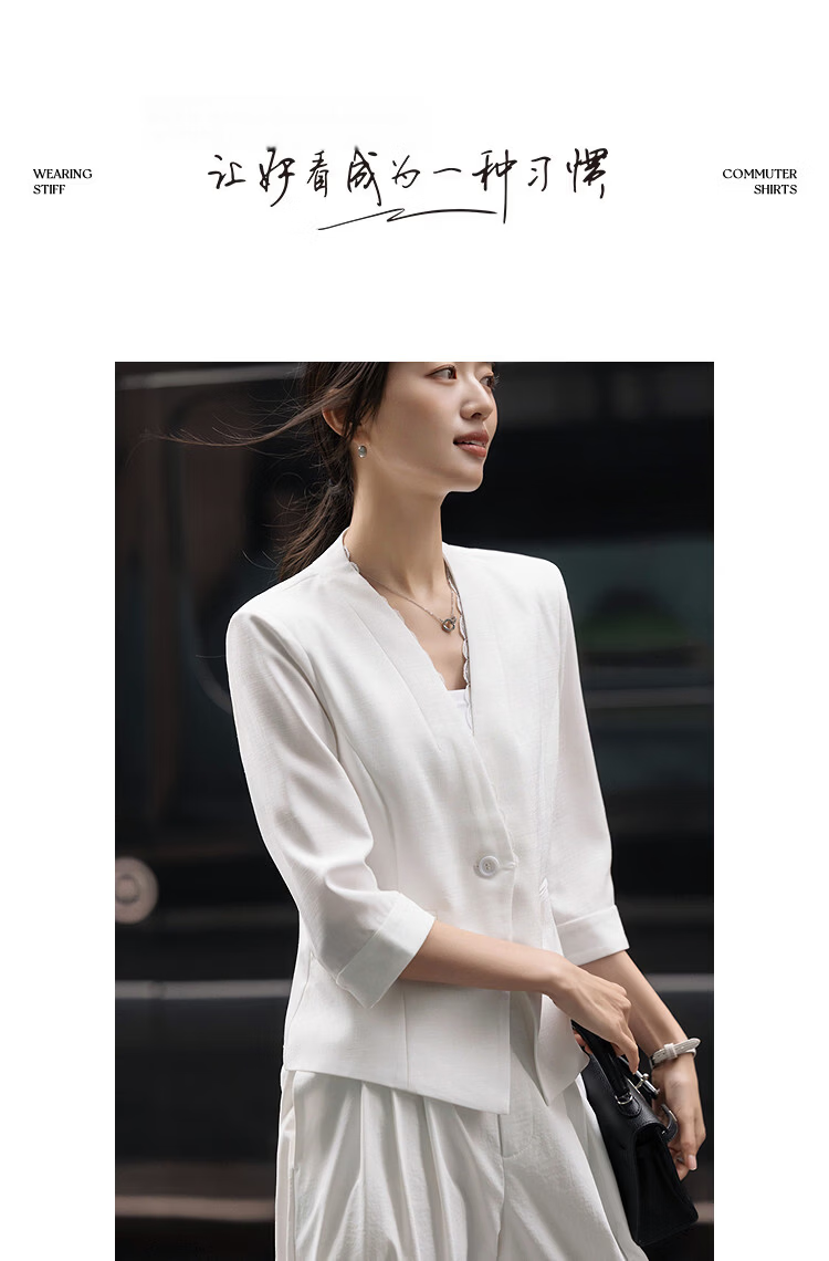 Demana [Light Business] Spring V-Neck Lace Single Button Three-Quarter Sleeve Double Piped Pocket Waist-Cinched Women's Blazer 10