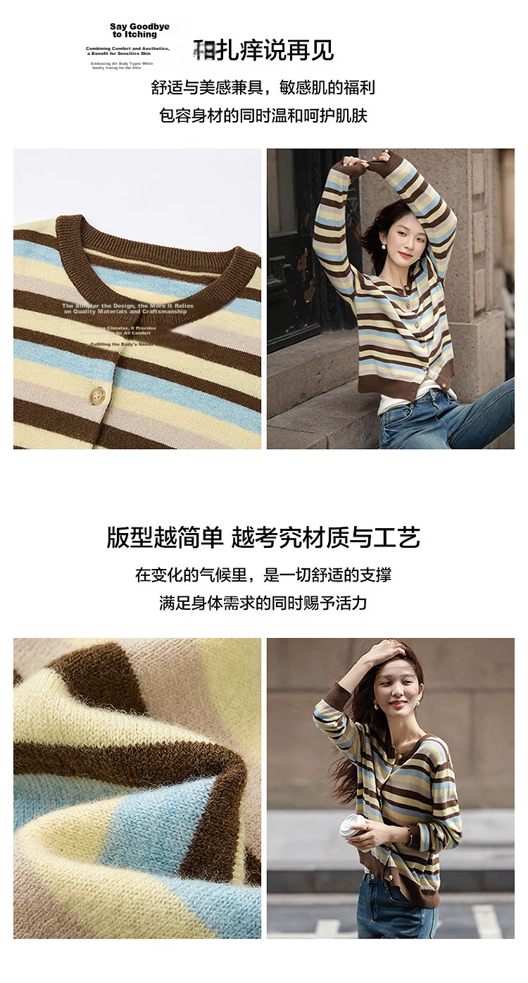 Demana Zhenxiang 100% Wool Autumn Vintage Colorblock Striped Jacquard Cardigan Loose Knit Sweater for Women 5