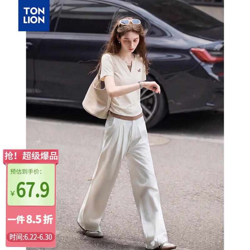 TonLion 2026 Summer Women's Color-Block Short Sleeve T-Shirt, Faux Two-Piece Spliced Casual Versatile Premium Women's Tee