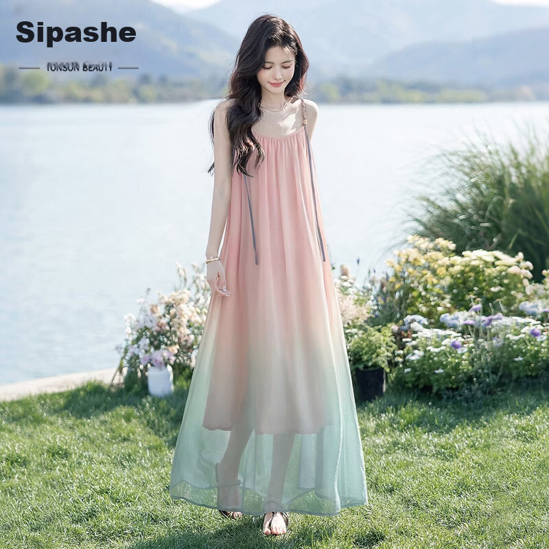 Cypress Gradient Vacation Style Spaghetti Strap Dress for Women 2026 Summer New Fashion Flowing Elegant Long Dress