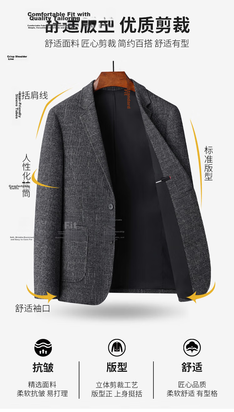 ROMON Men's Autumn Business Slim Fit Suit Jacket Professional Formal Wear Wedding Attire Father's Day Gift 7