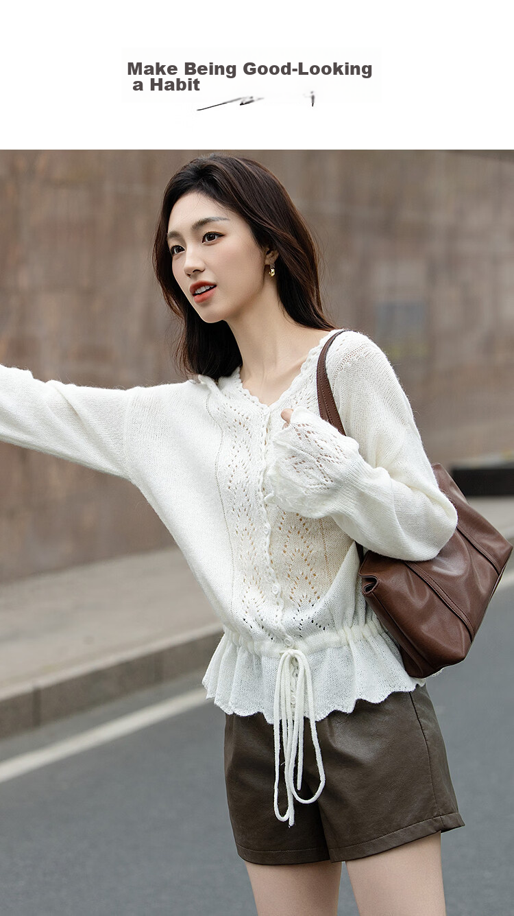 Demana Mohair Wool Blend Autumn V-Neck Hollow Jacquard Ruffle Drawstring Slim Knit Sweater for Women 1