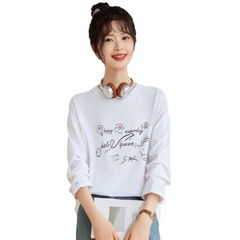 Halo Queen Long-Sleeve T-Shirt for Women, Spring And Autumn Round Neck Letter Print Casual Loose Comfortable Base Shirt Top New Product H143T2011