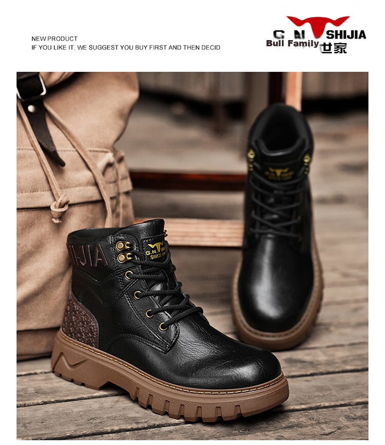 Bull Family Martin Boots Men 2026 Winter New Versatile Work Boots Men's Thick Sole High Top Leather Outdoor Hiking Shoes Men 14