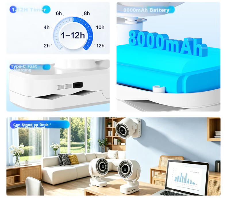 Pioneer Mini USB Rechargeable Handheld Desktop Fan 8000mAh Portable Clip-on Fan for Office, Dormitory, Bedside, Car, Wall Mount, Outdoor Camping 3