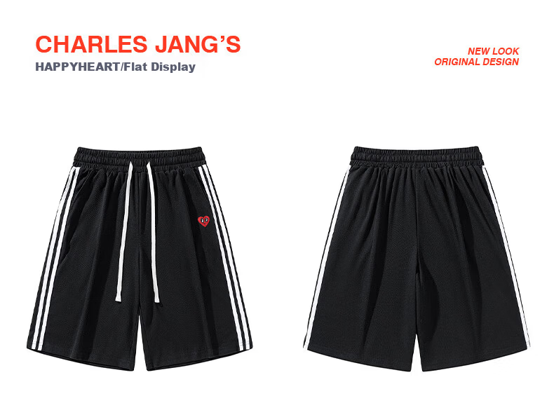 Charles Peach Heart Men's Casual Shorts Summer Classic Striped Loose Drawstring Five-Point Sports Beach Pants Black L 10