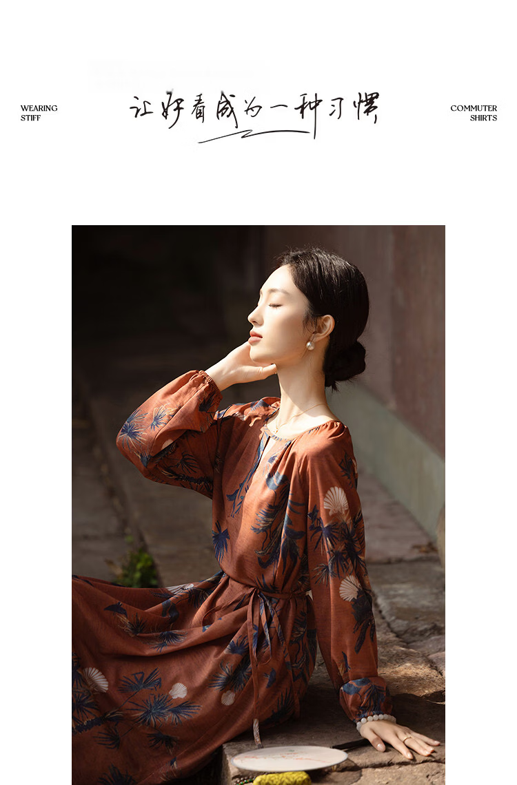 Demana Soft Mist Gloss Spring Romantic Elegant Crew Neck Printed Slit A-Line Petite Loose Women's Dress 10