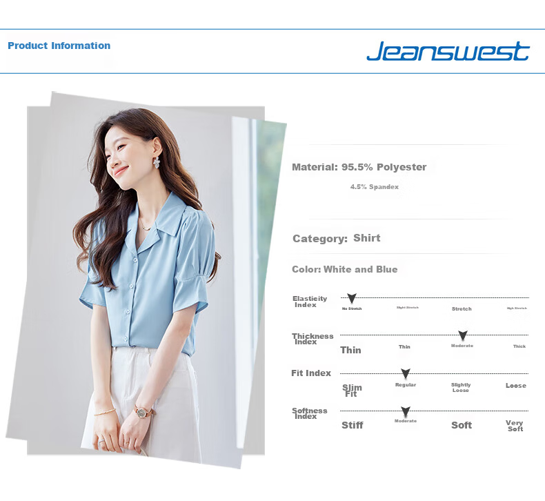 Jeanswest Women's Summer V-Neck Lapel Shirt Stylish Commuter Versatile French-Style Top Blue 2XL 5