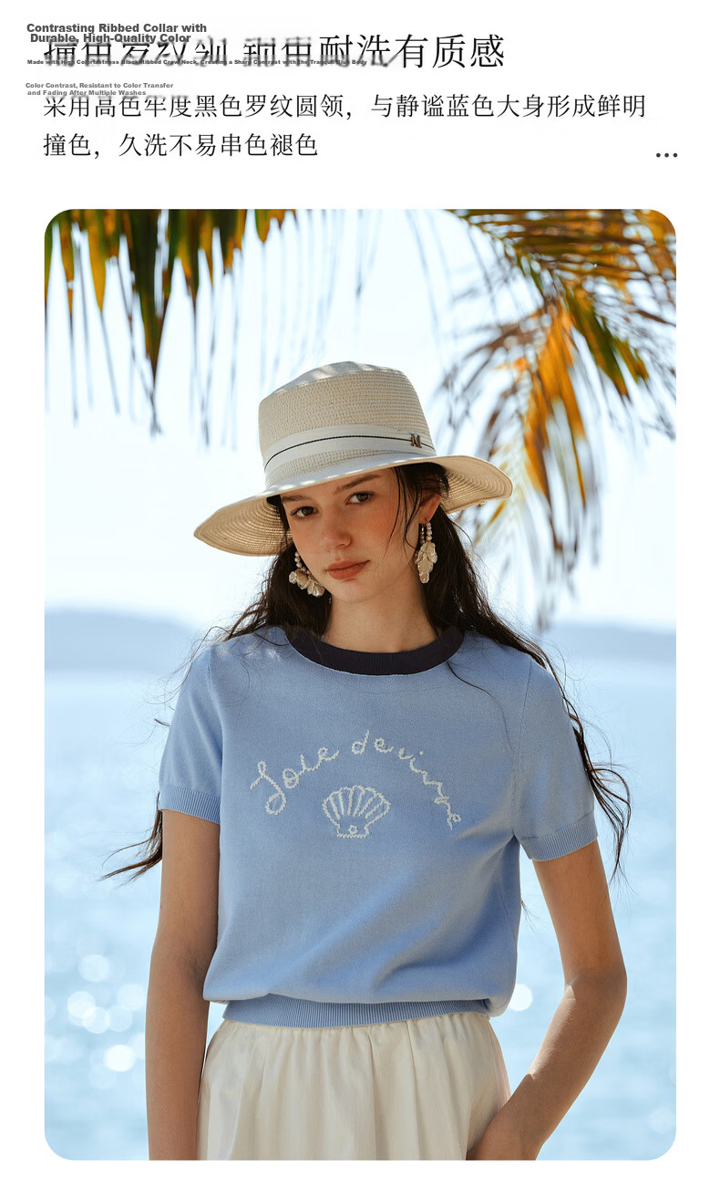 Olrain Oureier New Summer Jacquard Embroidered Round Neck Casual Short Sleeve Knit Pullover Top for Women Blue S 10