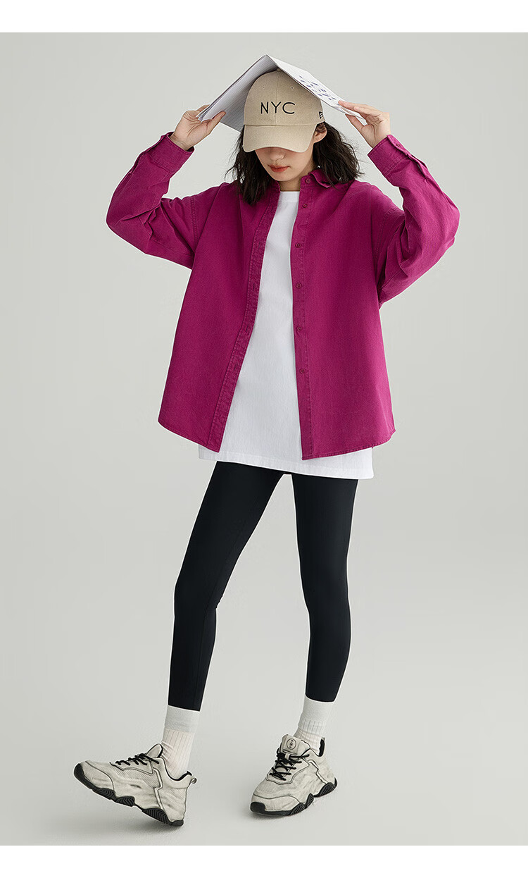 Dme Vintage Washed Spring Elegant Magenta Loose Fit Turndown Collar Long Sleeve Blouse for Women, Purple-Red, Size M 12