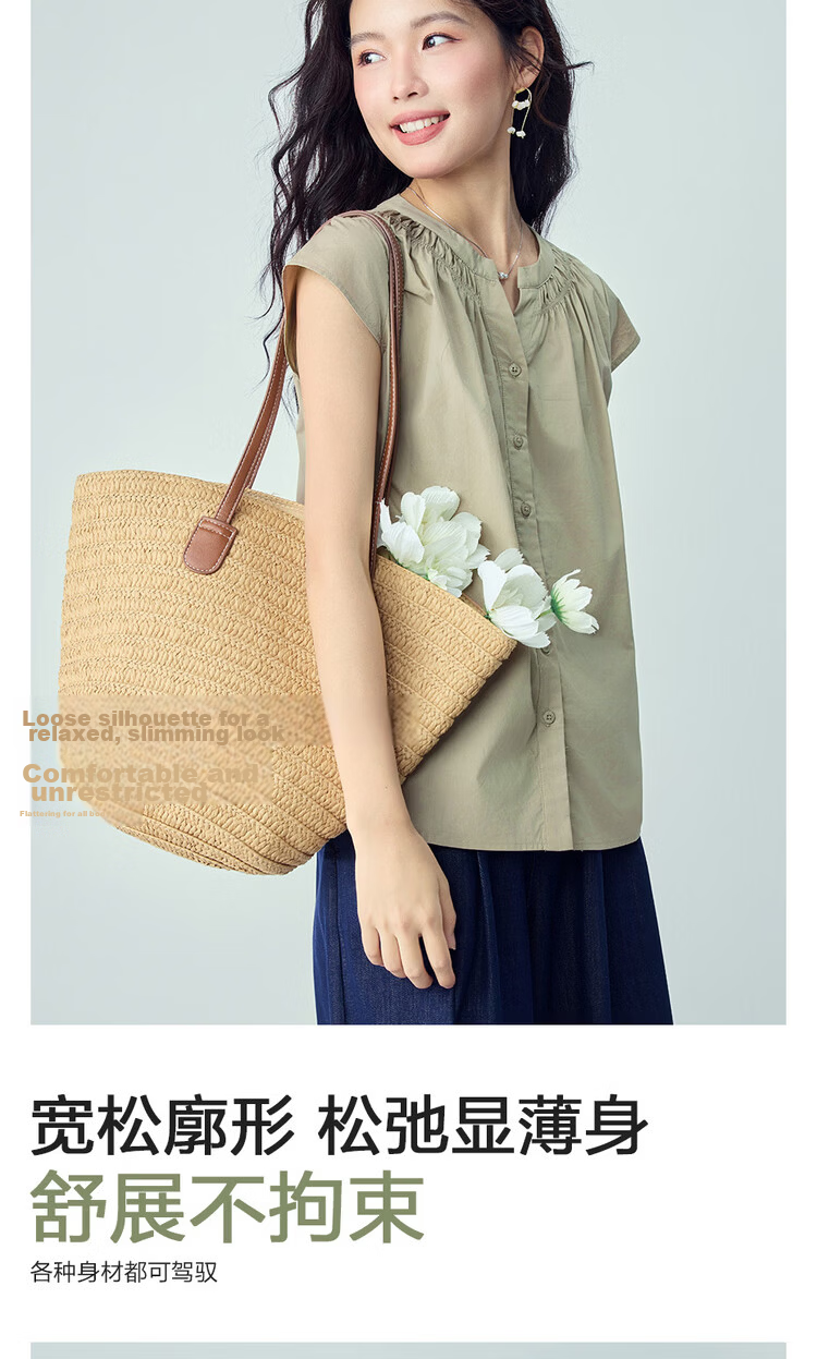 Giordano Women's Summer New Pure Cotton Loose V-Neck Short Sleeve Shirt with Small Flying Sleeves 05346490 8