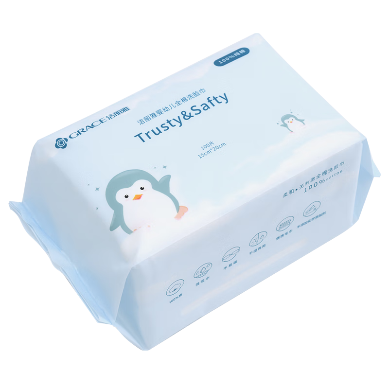 Grace Cotton Soft Tissues, 100 Sheets, 100% Pure Cotton, Wet And Dry Use, for Adults And Babies, Face Wipes, Penguin Era Series