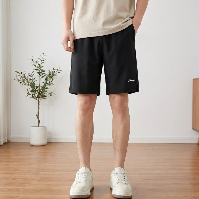 LI-NING Men's Summer Breathable Ice Silk Sports Shorts Black Casual Loose Fit Five-Point Pants for Fitness Running 6