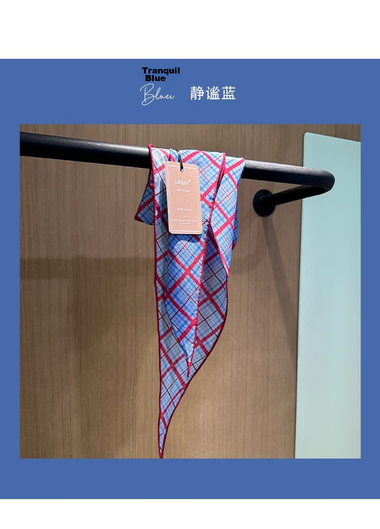 Lagur Tranquil Blue Plaid 100% Mulberry Silk Scarf Long Triangle Diamond Vintage Headband for Women Tranquil Blue 19