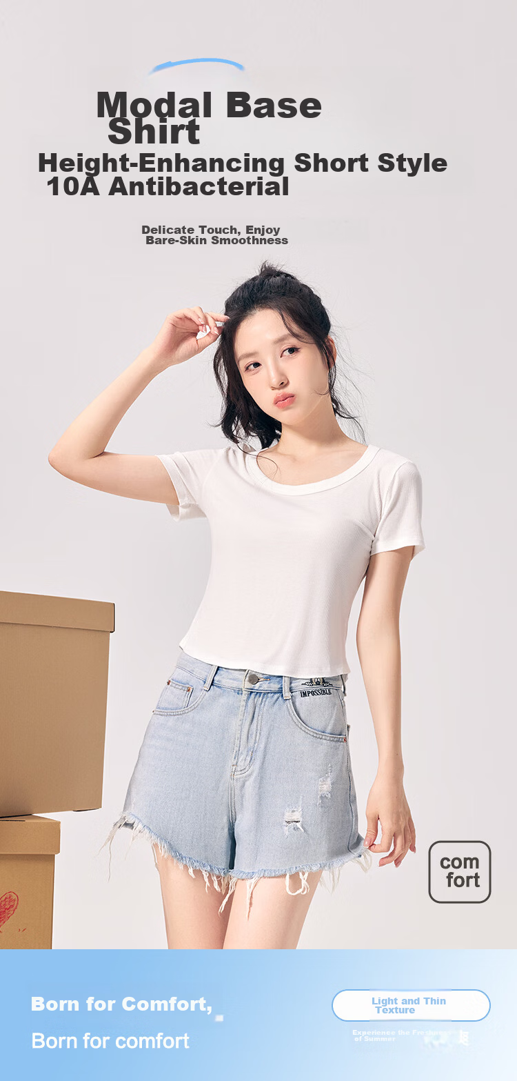 Hodo 10A Antibacterial Modal Short Sleeve T-Shirt for Women, Round Neck, Versatile Waist-Slimming Short Fit Base Tee 1