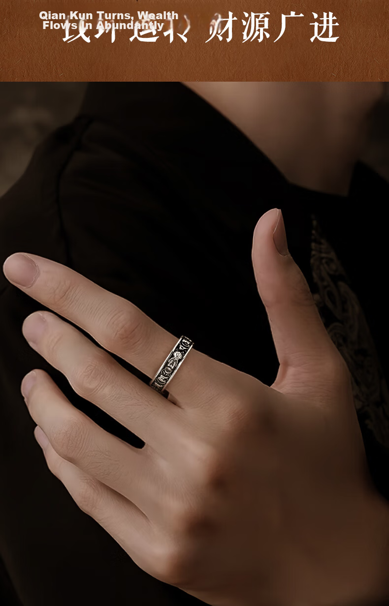 GLTEN Wealth Pixiu 999 Pure Silver Adjustable Ring Men's Single Ring Qixi Valentine's Day Gift for Boyfriend Husband 3