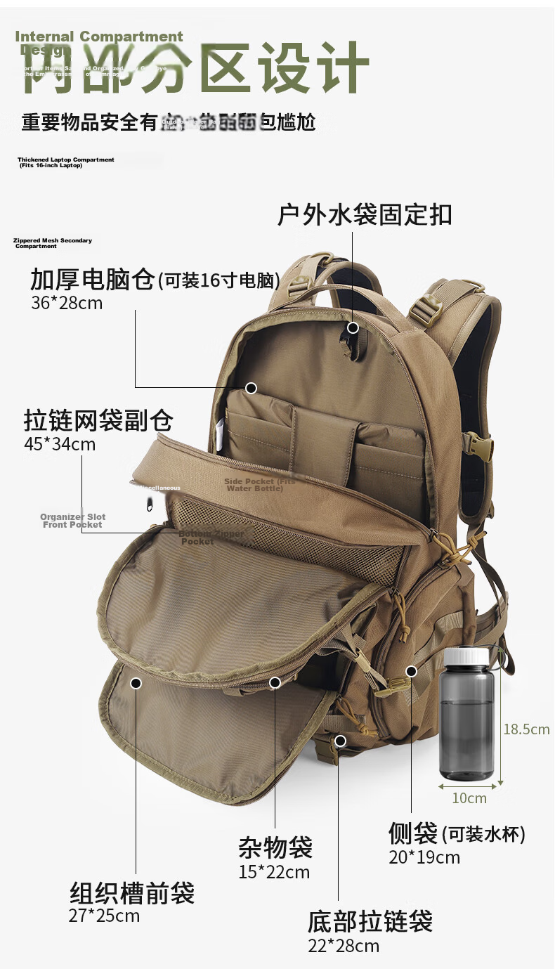 MARDINGTOP Men's Large Capacity Backpack Outdoor Tactical Travel Camping Bag [Black Cyclone] Black - 35L 15