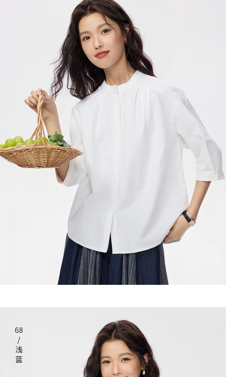 Giordano Intellectual Style Women's New Pure Cotton Loose Stand Collar Mid Sleeve Minimalist Shirt 05345870 12