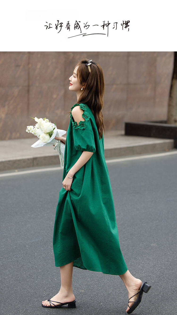 Demana [With Flax Cloud Cotton] Summer Elegant Hollow Lace Loose Slimming Concealing Dress for Women High-End Feel 1