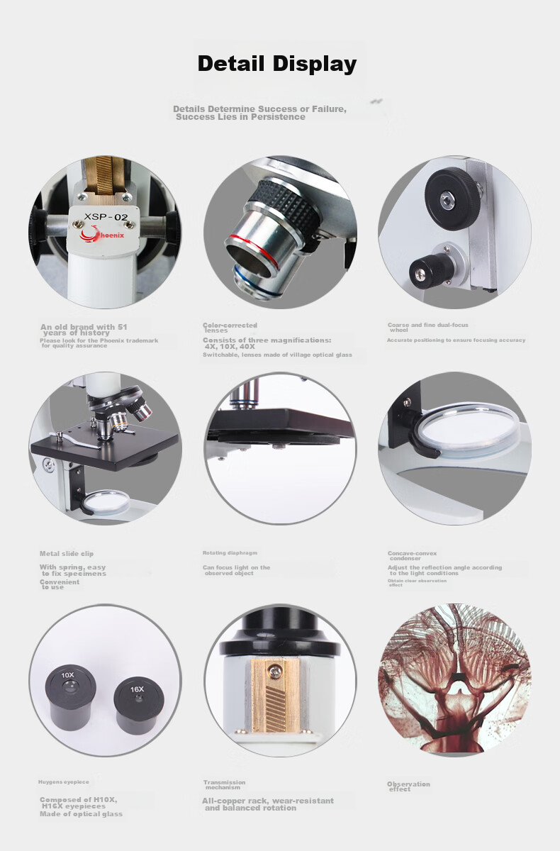 Phenix XSP-02 Monocular Biological Microscope, 640x Magnification, Professional High-Definition, for Primary School And Middle School Entrance Exams, Teaching Model 6