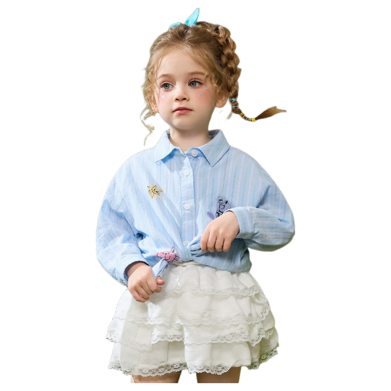 ASK JUNIOR Baby Shirt 26 Spring Girls' Polo Collar Striped Long Sleeve Shirt Jacket Cute Printed Soft Skin-Friendly Top