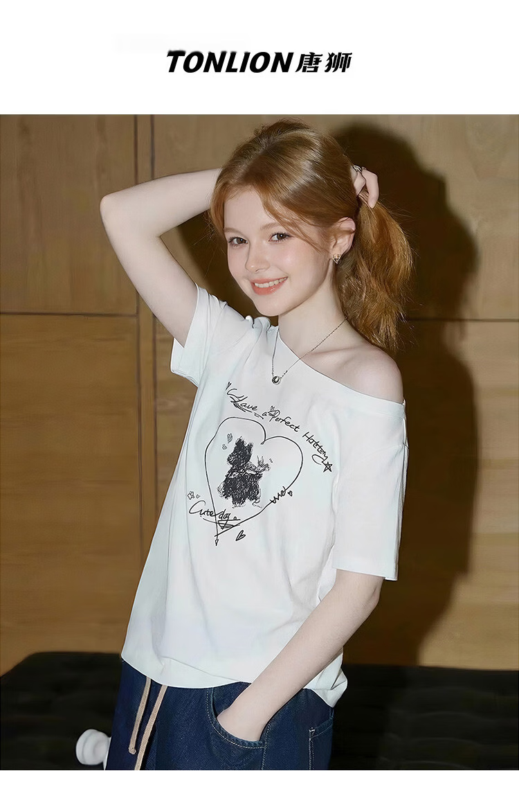 TonLion 2026 Summer New Women's Short Sleeve T-Shirt Korean Style Lazy Off-Shoulder Chic Elegant Top 1