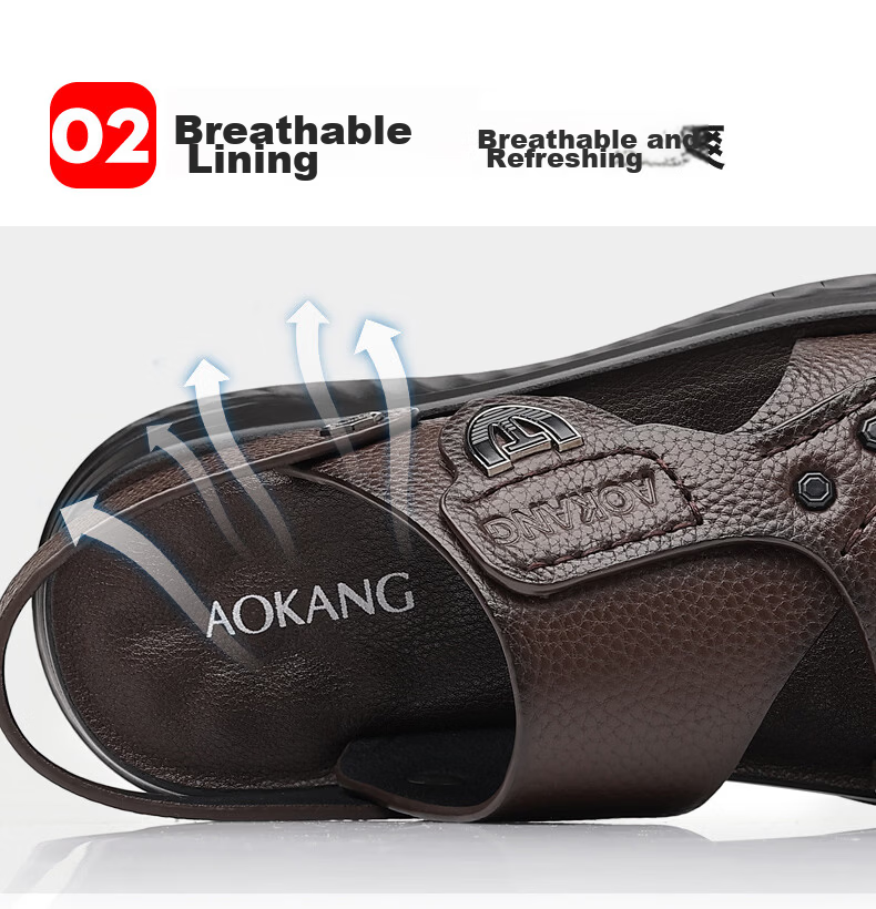 Aokang Father's Day Sandals for Men, Cowhide Leather, Summer Soft-Soled Casual Beach Shoes, Versatile Trendy Two-Way Slippers, Black, Size 38 13