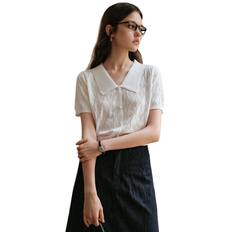 Olrain White French Style Hollow Knit Pullover Women's Summer Tweed Top White L
